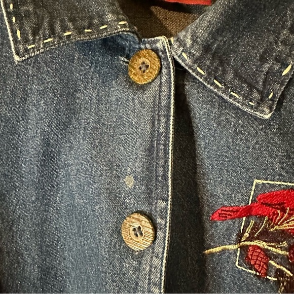 Vintage Holiday Lodge Embroidered Beaded Cardinals Button Jean Jacket Sz XL - Picture 3 of 11